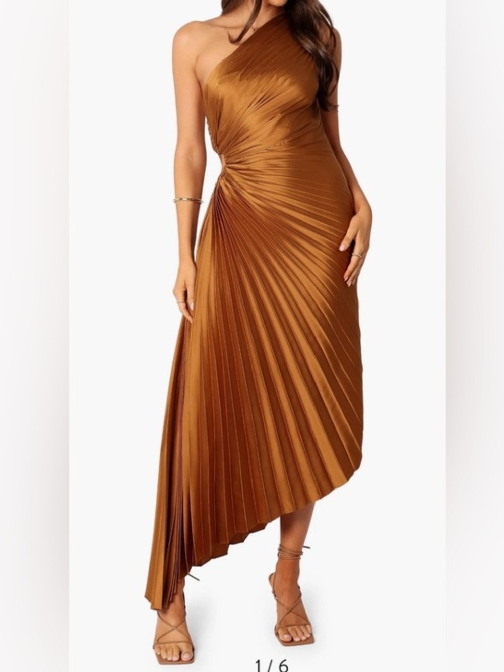 Petal & Pup Copper One-Shoulder Pleated Asymmetric Midi Dress
